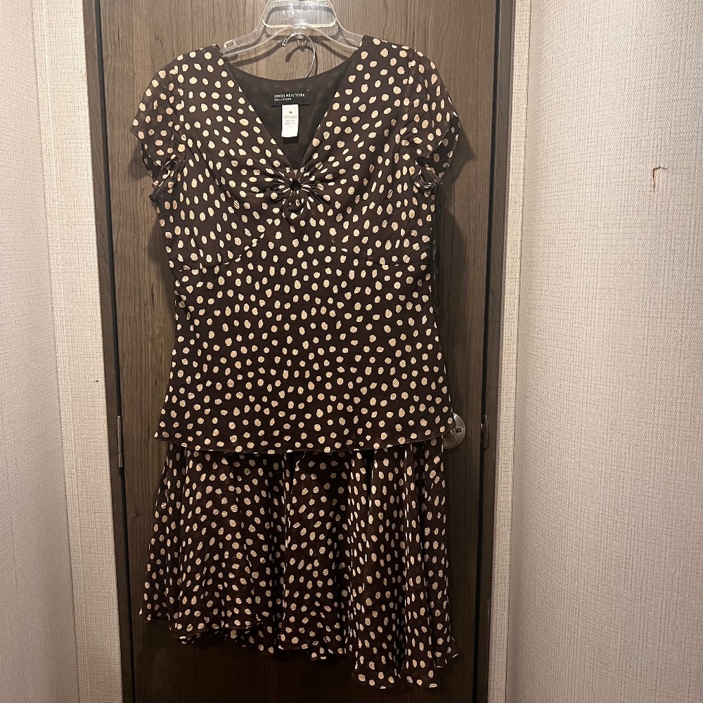 Jones New York 100% Silk Brown & Cream Polka Dot 2-Piece Set Size 10